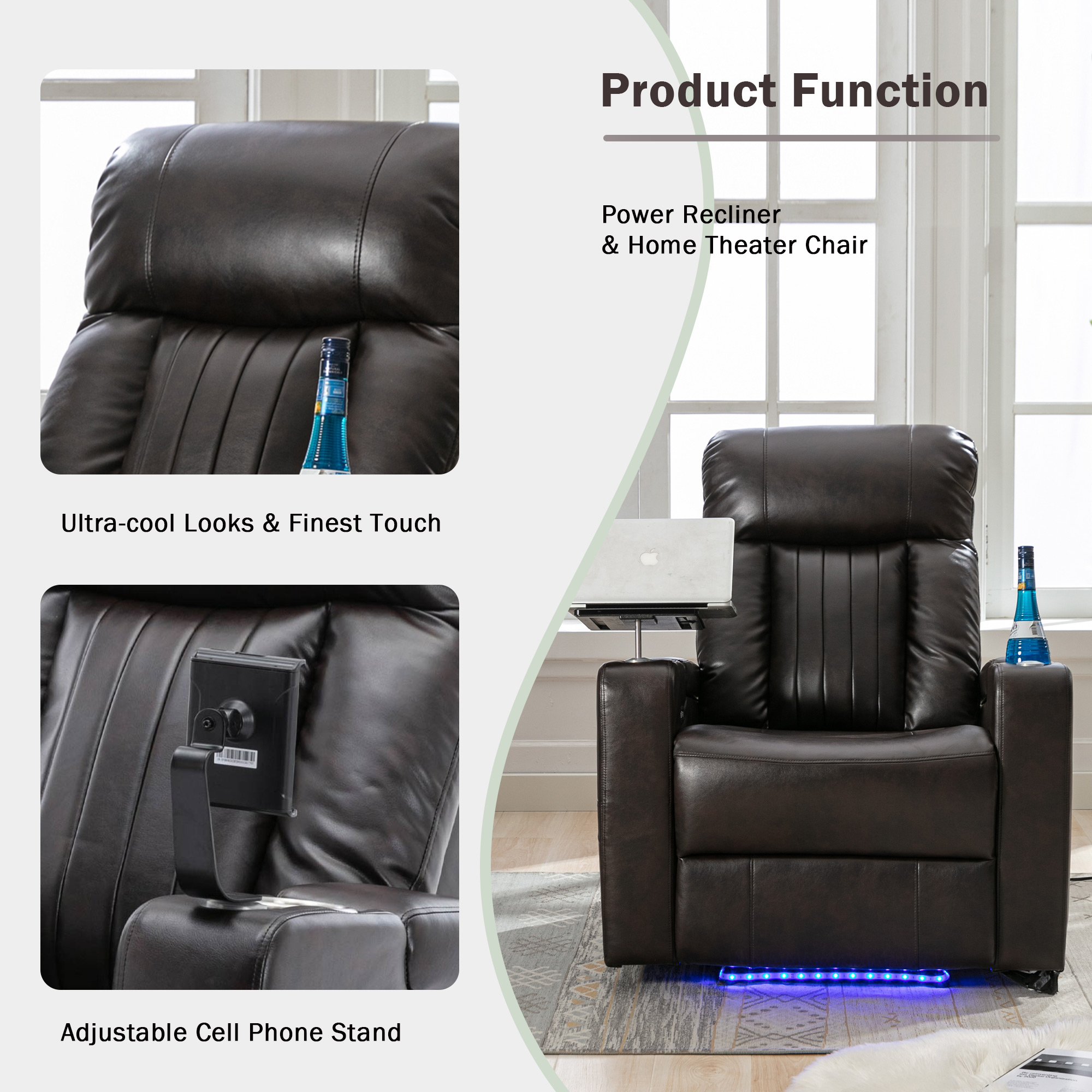 Euroco Premium Power Recliner with Storage Arms, Cupholders, Swivel Tray Table and Cell Phone Stand,Brown(Old Sku:SG000710AAD)