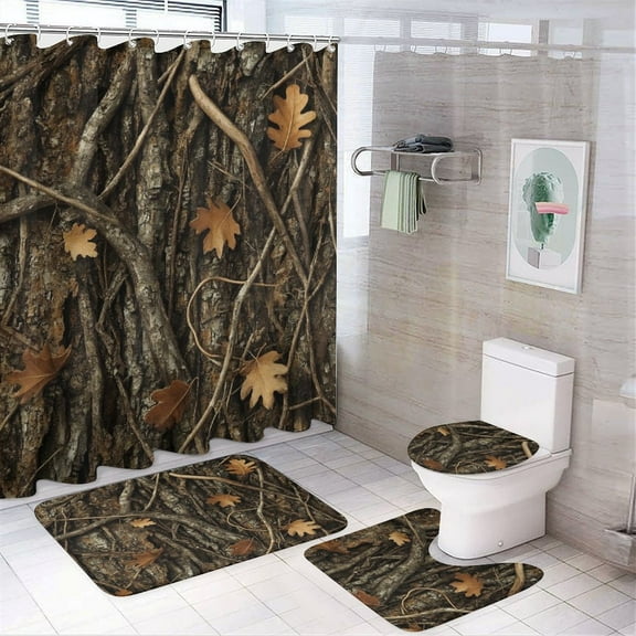 Autumn Leaves Bark Texture Shower Curtain Set Modern Bathroom Decor Mats 4pcs Fabric Bathroom Curtain Slip Floor Rug Toilet Lid