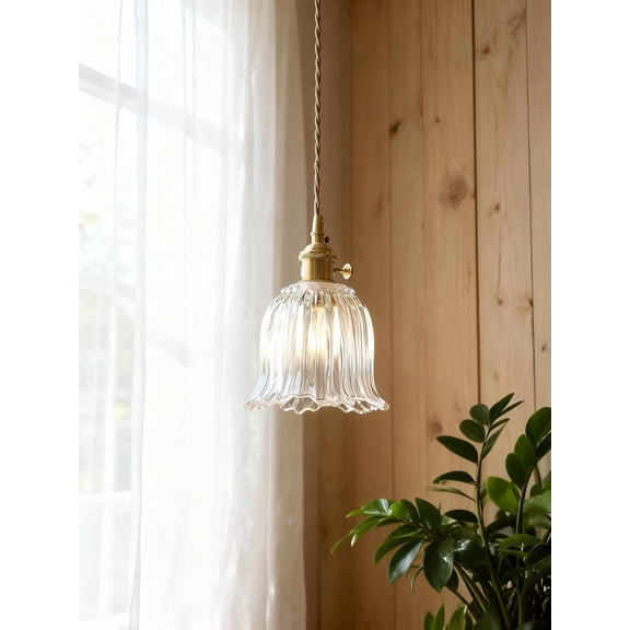 Hardwired Pendant Light with Flower Glass Shade Adjustable 6.56 FT Twisted Cord, E26 Socket, Brass Finish Ceiling Lighting Fixture for Kitchen Island, Dining Room, Entryway