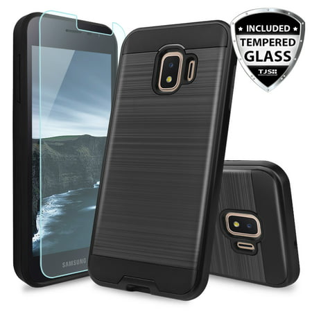 TJS Galaxy J2 2019 / J2 Pure / J2 Core Hybrid Shockproof Metallic Brush [Black] Case Cover w/ [Tempered Glass Screen