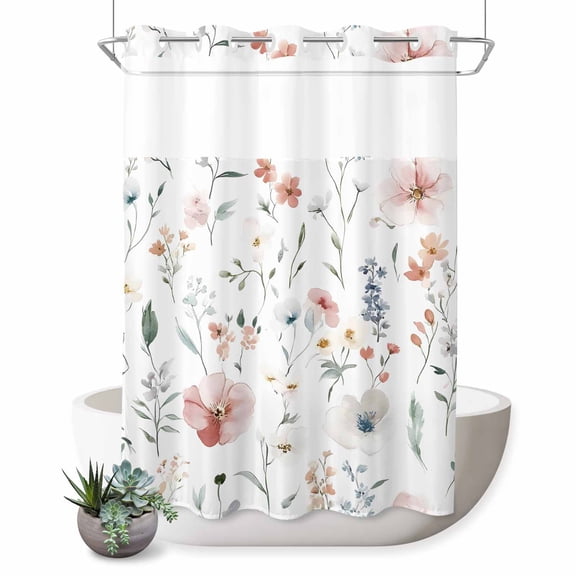 No Hook Shower Curtain with Built-in Rings - Pastel Watercolor Floral Washable Waterproof Fabric Bathroom Curtains for Hotel,Rentals, 60 X 72 Inch Long , Rustic Spring