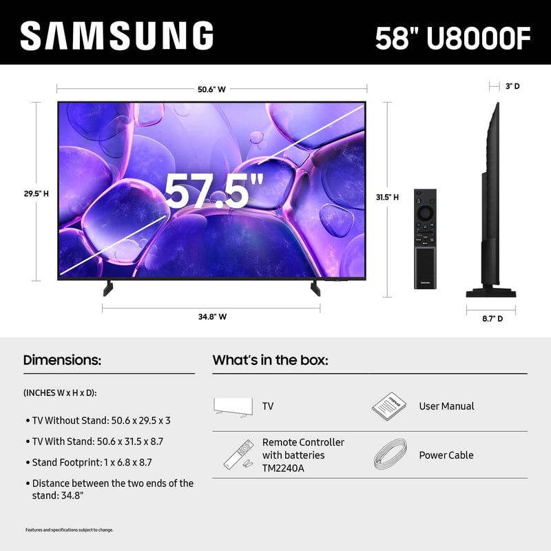 Samsung 58" Class Crystal UHD U8000F 4K Smart TV 2025 UN58U8000FFXZA front and back view