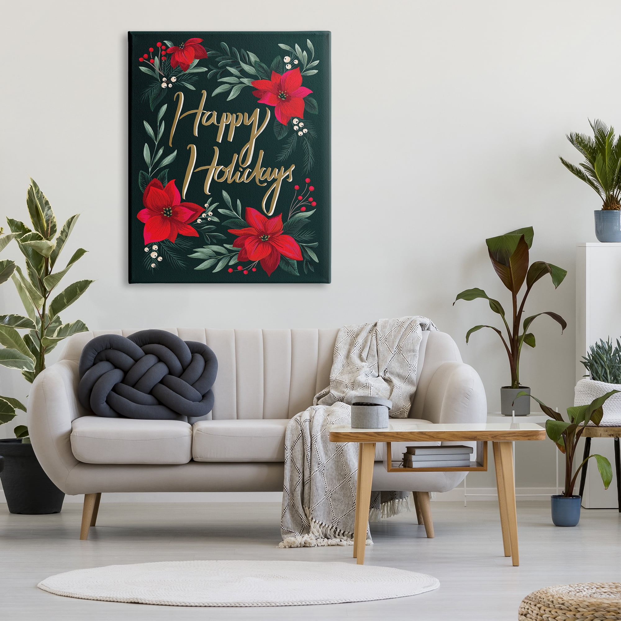 Stupell Industries Happy Holidays Greeting Red Winter Poinsettia Florals Botanical & Floral Painting Gallery Wrapped Canvas Print Wall Art, 36 x 48
