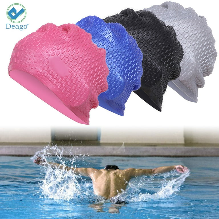 Deago Swim Bathing Swimming Caps for Men Women Retro Style Silicone Swimming  Hat Long & Short Hair (Blue) 