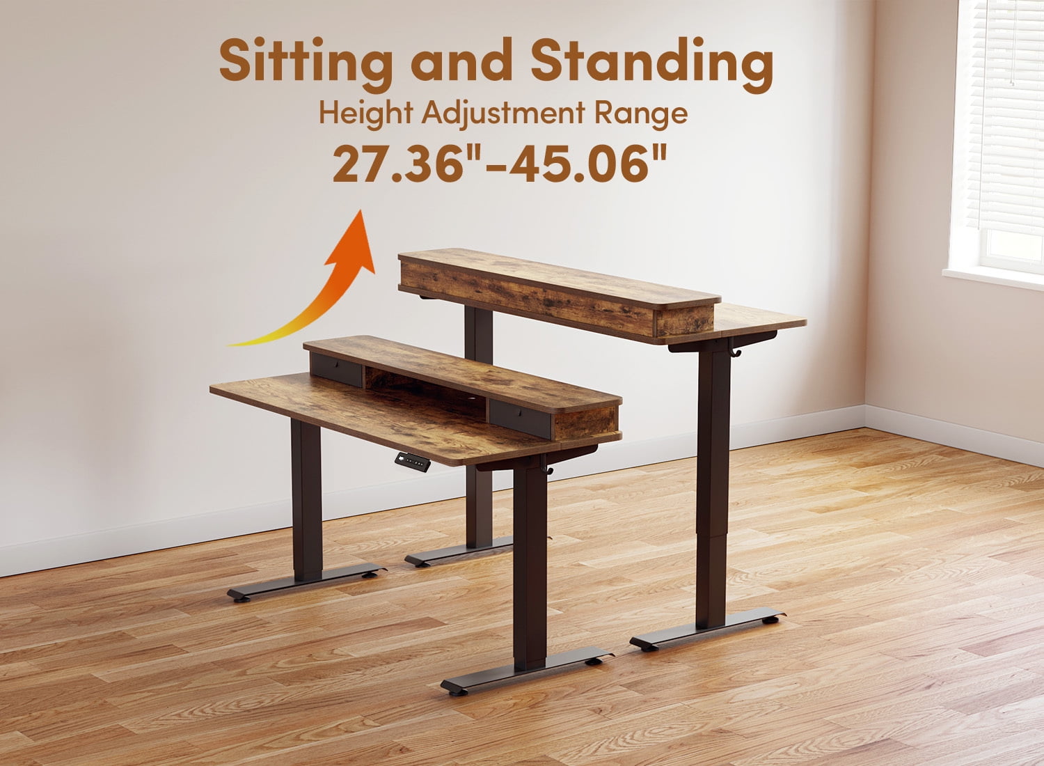 DESINO 40" x 24" Height Adjustable Electric Standing Desk with Double Drawers, Stand Up Desk with Storage Shelf, Home Office Desk Workstation with Splice Board, Rustic Brown