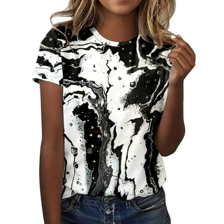 

Scrub Tops for Women Summer Flower Printed Shirts Short Sleeve O Neck Tee T Shirt Top