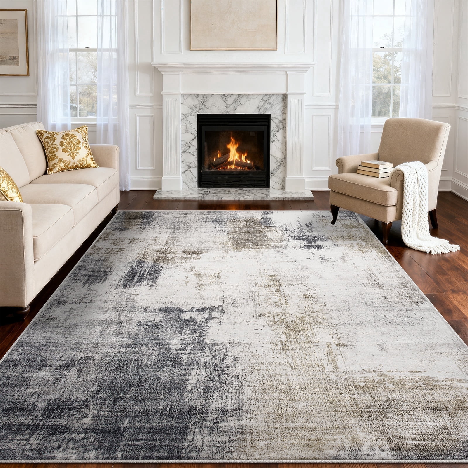 8x10 Large Area Rugs for Living Room- Modern Abstract Area Rugs Machine Washable Rugs, Non-Slip Soft Neutral Farmhouse Carpet Rugs for Bedroom, Dining Room, Home Office , Gold Gray