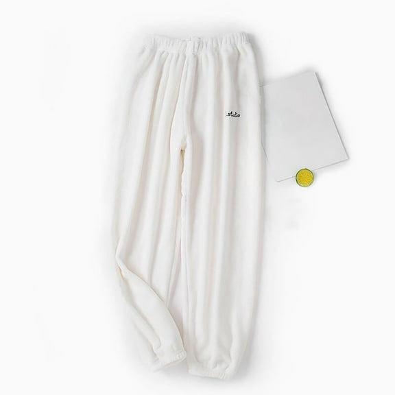 Simua Womens Plus Thick Fleece Pants Solid Color Elastic Waist Home Warm Pants for Winter White L