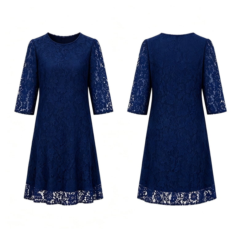 Karymi Solid Floral Lace Midi Dress, Crew Neck Three Quarter Sleeve A-Line Knee Length Dress Easter Dresses for Women