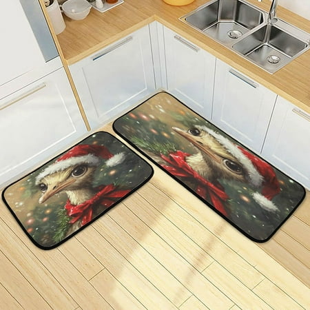 

Wobogo Ostrich with Christmas Elements Kitchen Carpet Set of 2 Absorbent and Stain Resistant Non-slip Star Rubber Backing