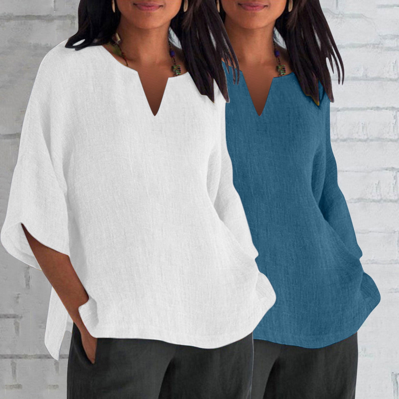 tklpehg 2PC Womens 3/4 Sleeve Tunic Plus Size V-Neck Going Out Tops Comfy Tunic Tops Lightweight Classic Solid Color Loose Casual Blouses (Blue,XXL)