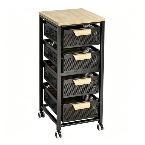 Tyab 4 Tier Black Rolling Storage Cart with Wooden Top and Mesh Drawers