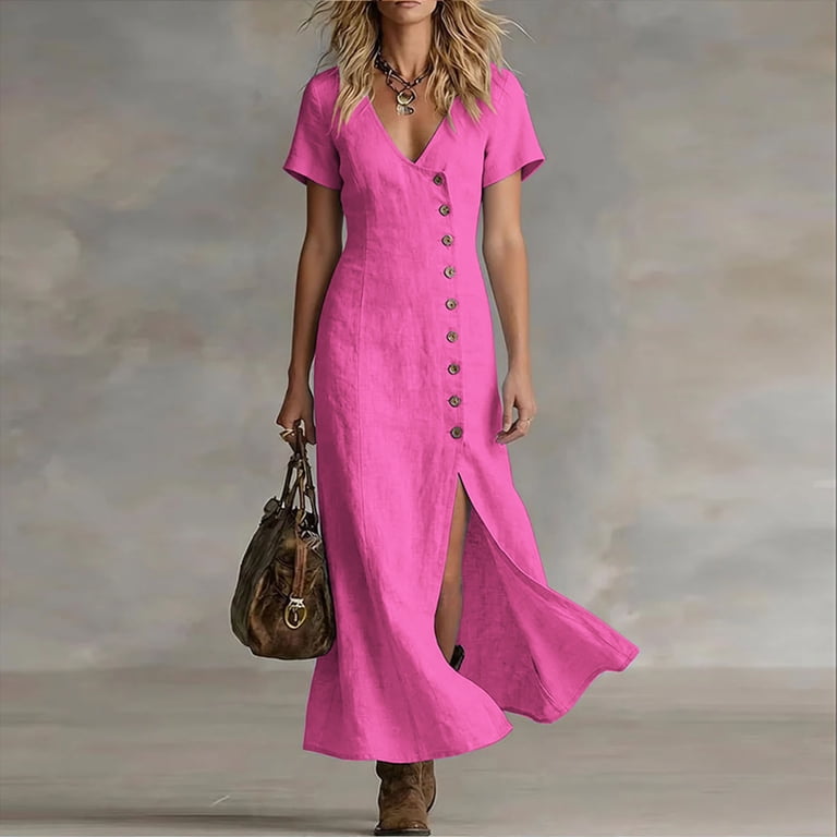 hot pink vacation dress Women's Summer V-Neck Short Sleeve Button Front Slit Maxi Dress Breathable Relaxed Fit Bohemian Dresses for Women 3XL pattern_Chiffon