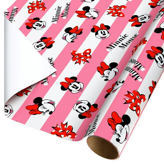 American Greetings 30 in. Minnie Mouse Wrapping Paper, Pink and White Stripes (1-Roll, 20 Sq. ft.)