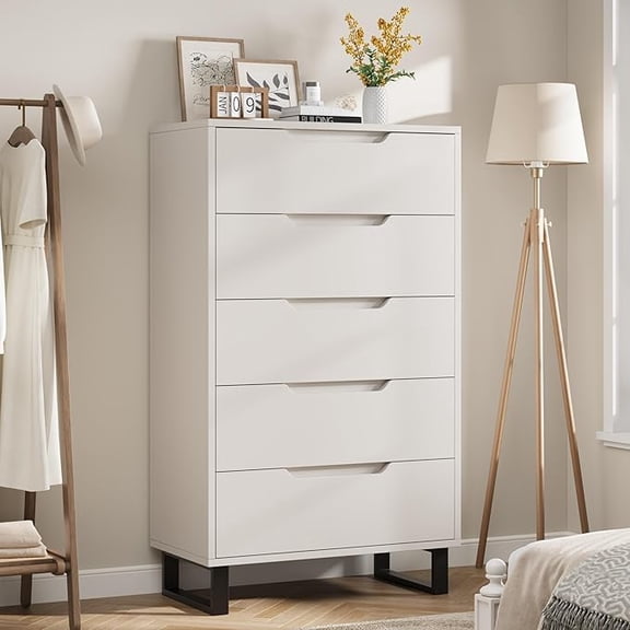 5 Dresser for Bedroom, 51" Tall Dresser, Freestanding Vertical Drawer Cabinet with Storage, Wooden Closet Storage Chest for Living Room, Hallway, Entryway, White