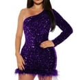 thumbnail image 2 of Njagoc3 Womens One - Shoulder Sequin Dress, Long Sleeve Bodycon Party Outfit, Sparkly Mini Length with Feather Hem, for Nightclub & Gala, 2 of 6