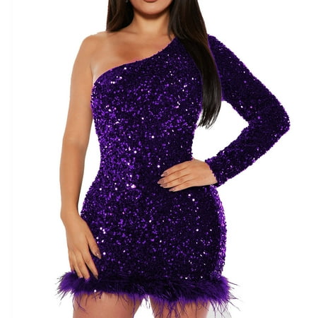 BangWanChi Sequin Dress for Womens 2024 Women s Fashion Perspective Hot Diamond Sequin Long Sleeve Feather Bag Hip Skirt Nightclub Style Party Mini Dress Purple XXL