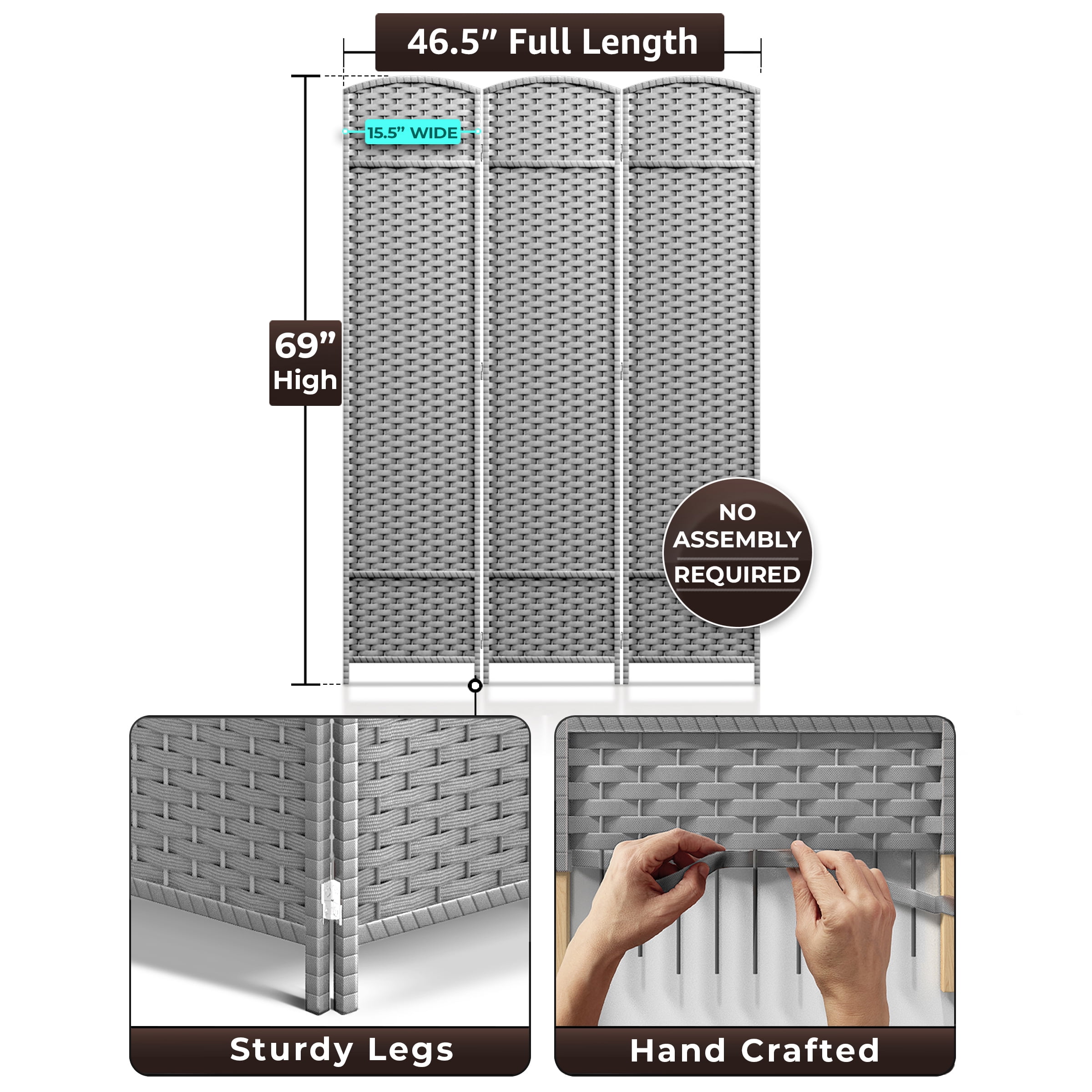 Sorbus 3-Panel Wide Folding Room Divider Privacy Screen, Hand-Woven Lt. Gray Mesh