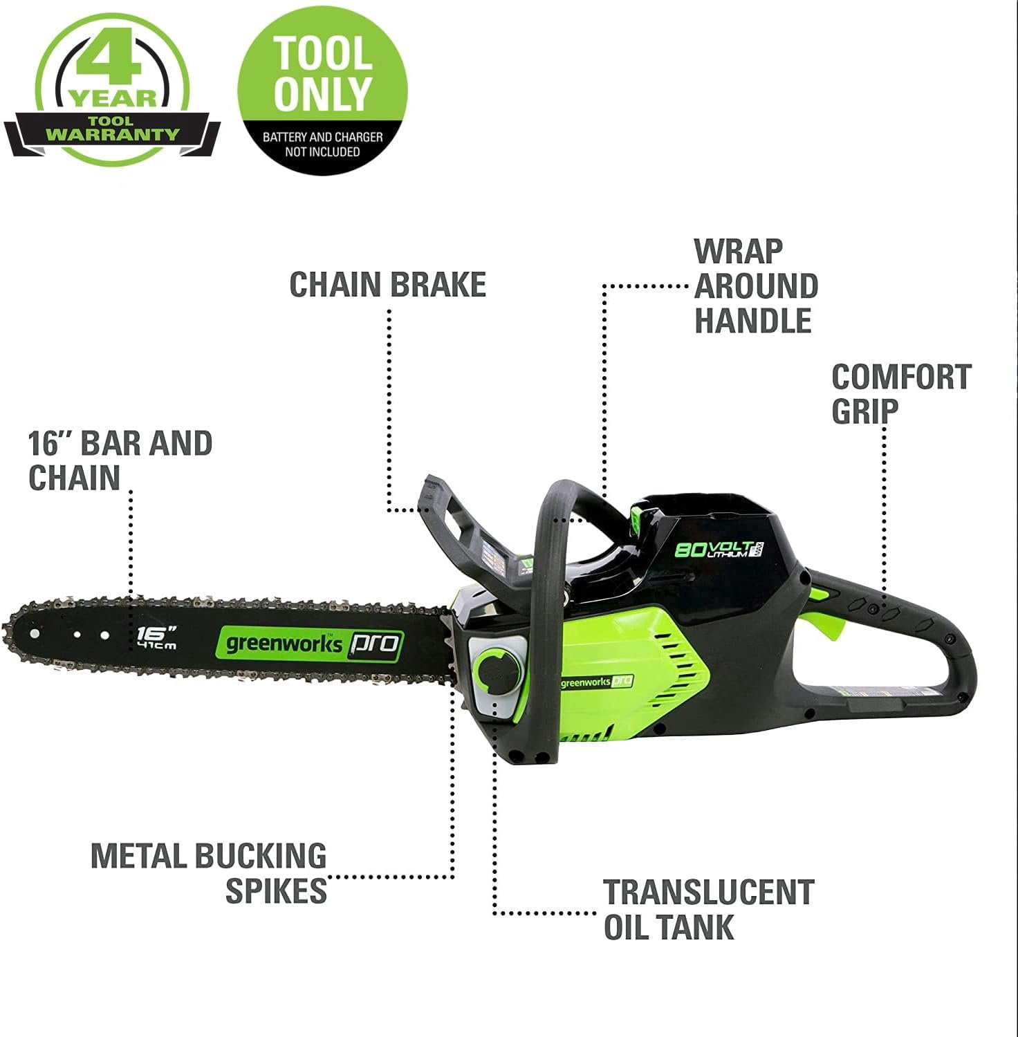 Greenworks 80V 16" Brushless Cordless Chainsaw Great For Tree Felling, Limbing, Pruning, and Firewood / 75+ Compatible Tools, Tool Only