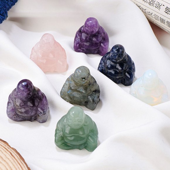 YAOMOBB Fine Workmanship Buddha Statue Natural Stone Buddha Figurine Maitreya Buddha Figurine Positive Healing Energy Colorful Hand carved Laughing Buddha Statue Desktop Decoration
