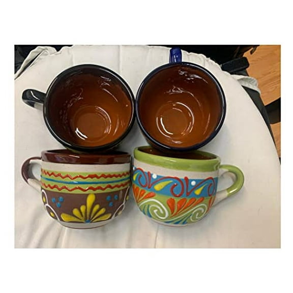 4 Mexican Coffee Mugs Soup Cereal Bowls Cerealera Jarritos Mexicanos Flower design Tazas de Barro Micnocana Ponchero Hot Chocolate Champurrado Tepache Pulque Traditional Clay Party Dish