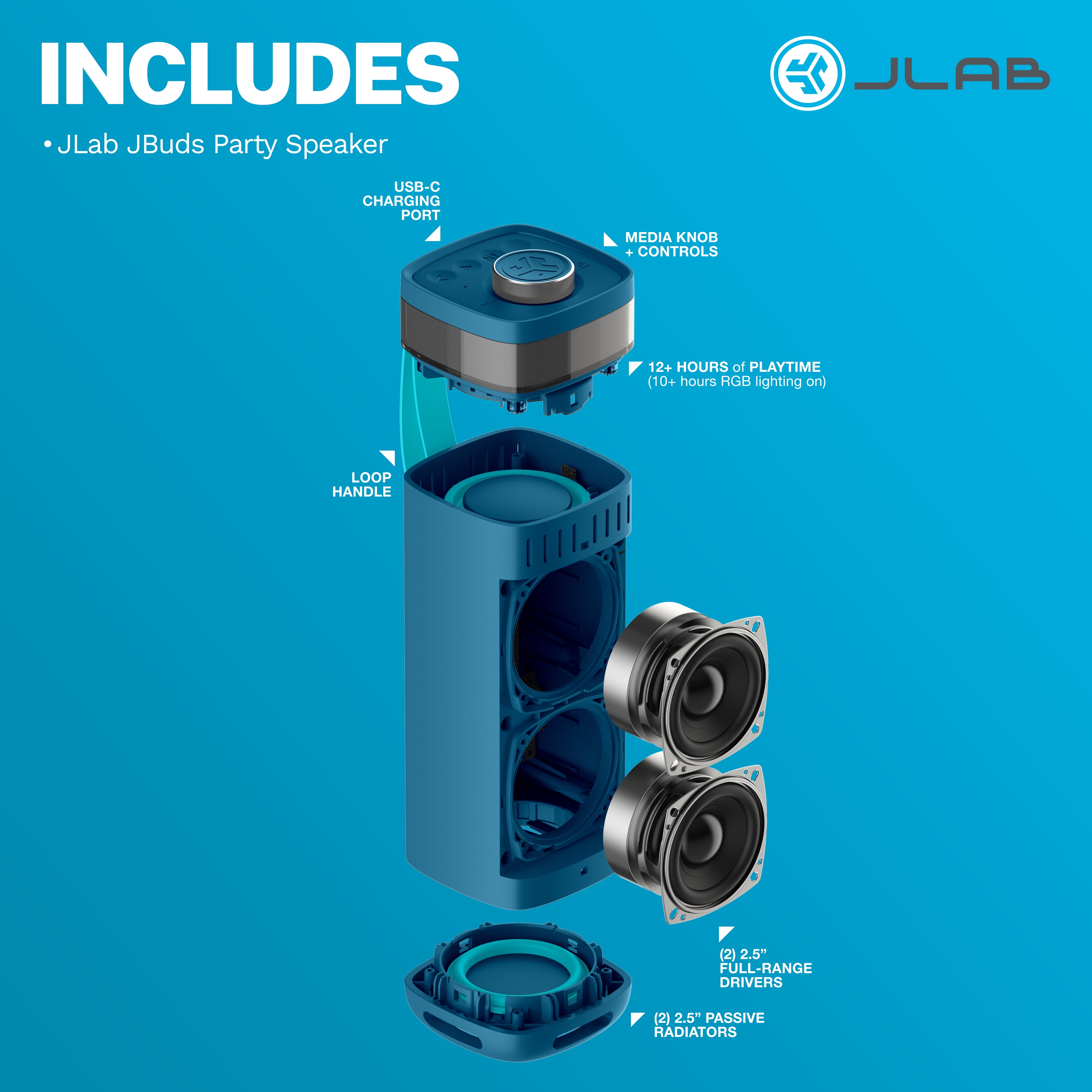 JLab JBuds Party Portable Bluetooth Speaker, 30W, 12 Hour Playtime, RGB Lighting, Splashproof, Navy