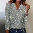 thumbnail image 3 of Sequin Tops for Women Fashion Casual Sparkly V Neck Shirts Holiday Party Sparkle Shimmer Long Sleeve Tshirts Light Gray L, 3 of 7