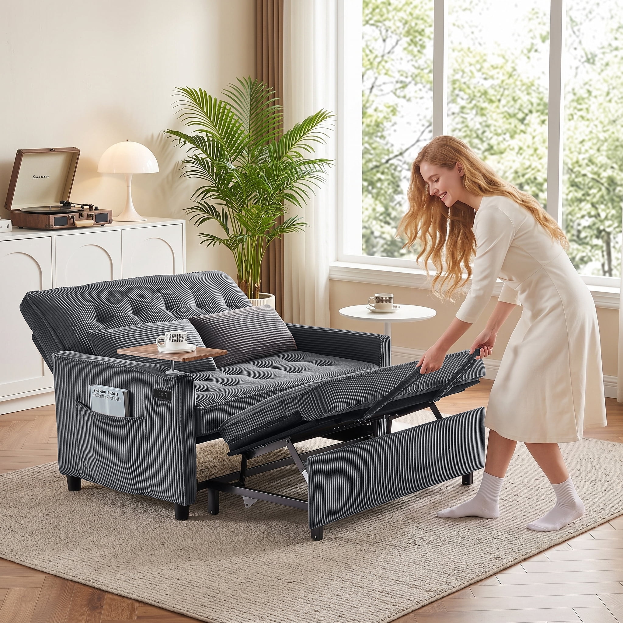AISWORD 55" 3-in-1 Convertible Sleeper Sofa Bed, Pull Out Loveseat Couch with Side Tray Table & USB Charging Port, Adjustable Backrest Sofa for Apartment, Bedroom, Office, Dark Gray
