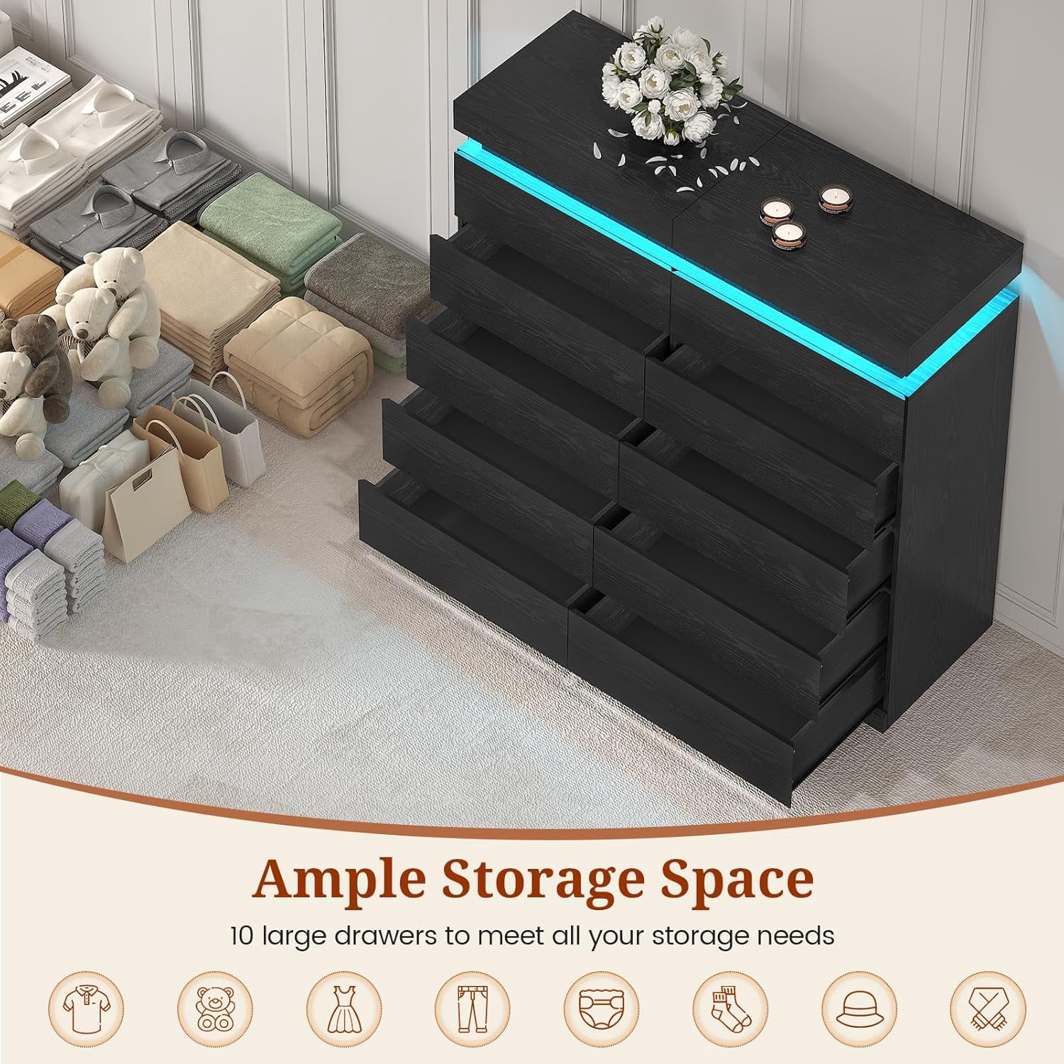 10 Drawer Double Dresser, Chest Of Drawers with LED Light and Power Outlet, Modern Bedroom Dresser with Sliding Top Storage Space for Living Room, Hallway, Entryway, Black