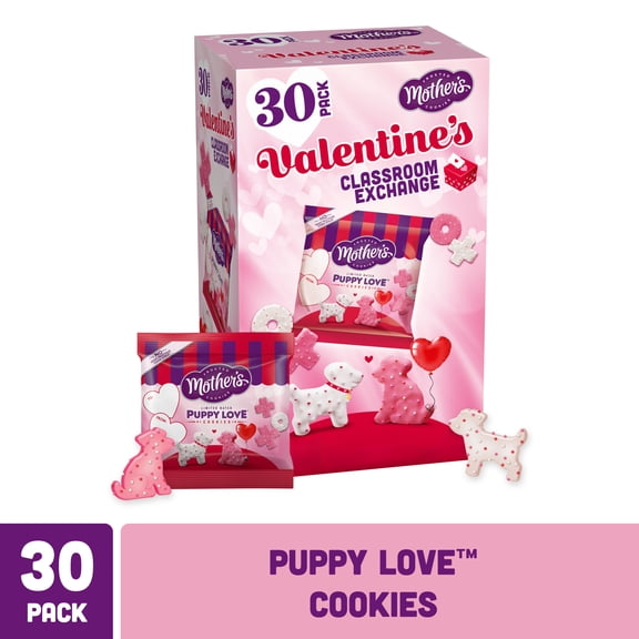 Mother's Limited Batch Puppy Love Cookies, Frosted Valentine’s Day Cookies in Puppy, Xs & Os Shapes, 30 Individual 0.5 oz Bags