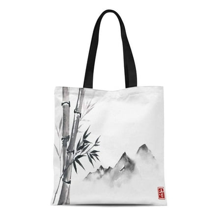 Ink Fabric Handbags (ASHLEIGH Canvas Tote Bag Bamboo Trees and Mountain Range Ink Traditional Oriental Painting Reusable Shoulder Grocery Shopping Bags)