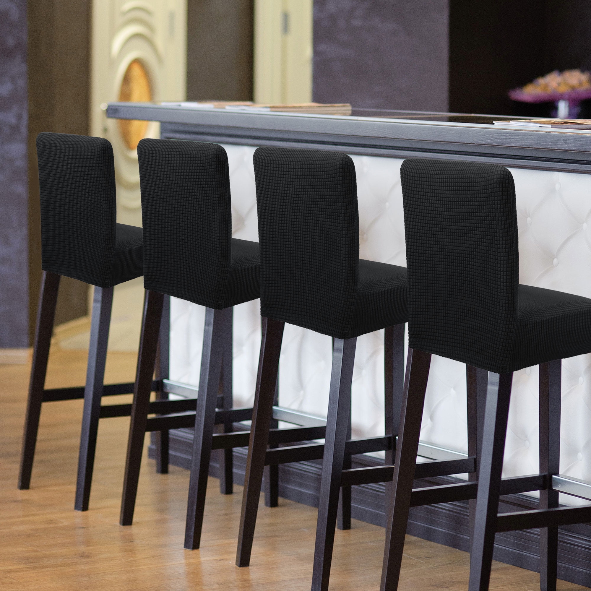 Unique Bargains Polyester Stretch Bar Stool Covers Elastic Band Mid Back Chair Slipcover Black 4 Pcs