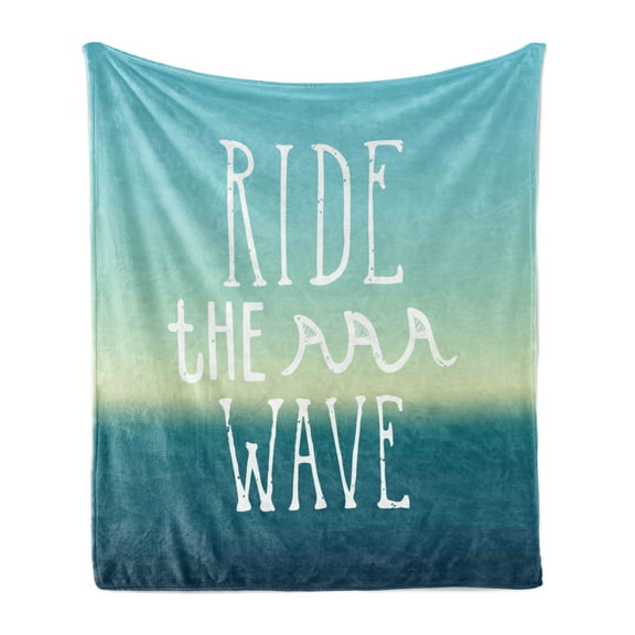 Ride the Wave Soft Flannel Fleece Throw Blanket, Ride the Wave Words with Ocean Horizon Background Graphic Art, Cozy Plush for Indoor and Outdoor Use, 50" x 60", Mint Green Petrol Blue, by Ambesonne