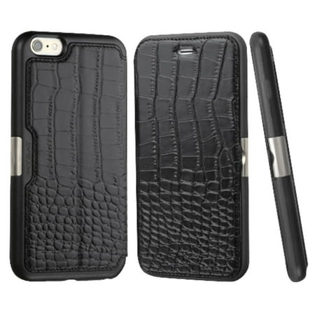 Iphone 6 Cases Crocodile Leather Insten For iPhone 6s 6 - Genuine Leather Crocodile Embossed Wallet Flip Case Stand Cover with Card Slot holder - Black (Gift Idea) ()