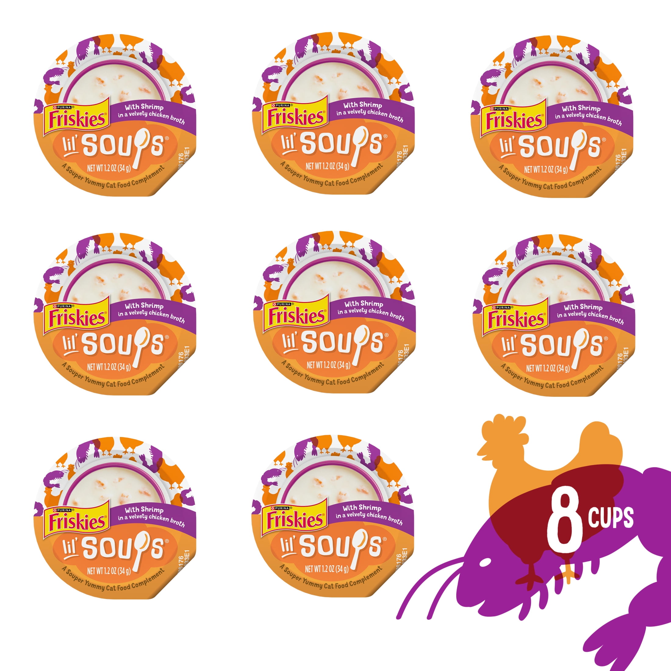 Purina Friskies Grain Free Lickable Cat Food Toppers Lil’ Soups with Shrimp in a Velvety Chicken Broth, 1.2 oz Cups, 8 Pack