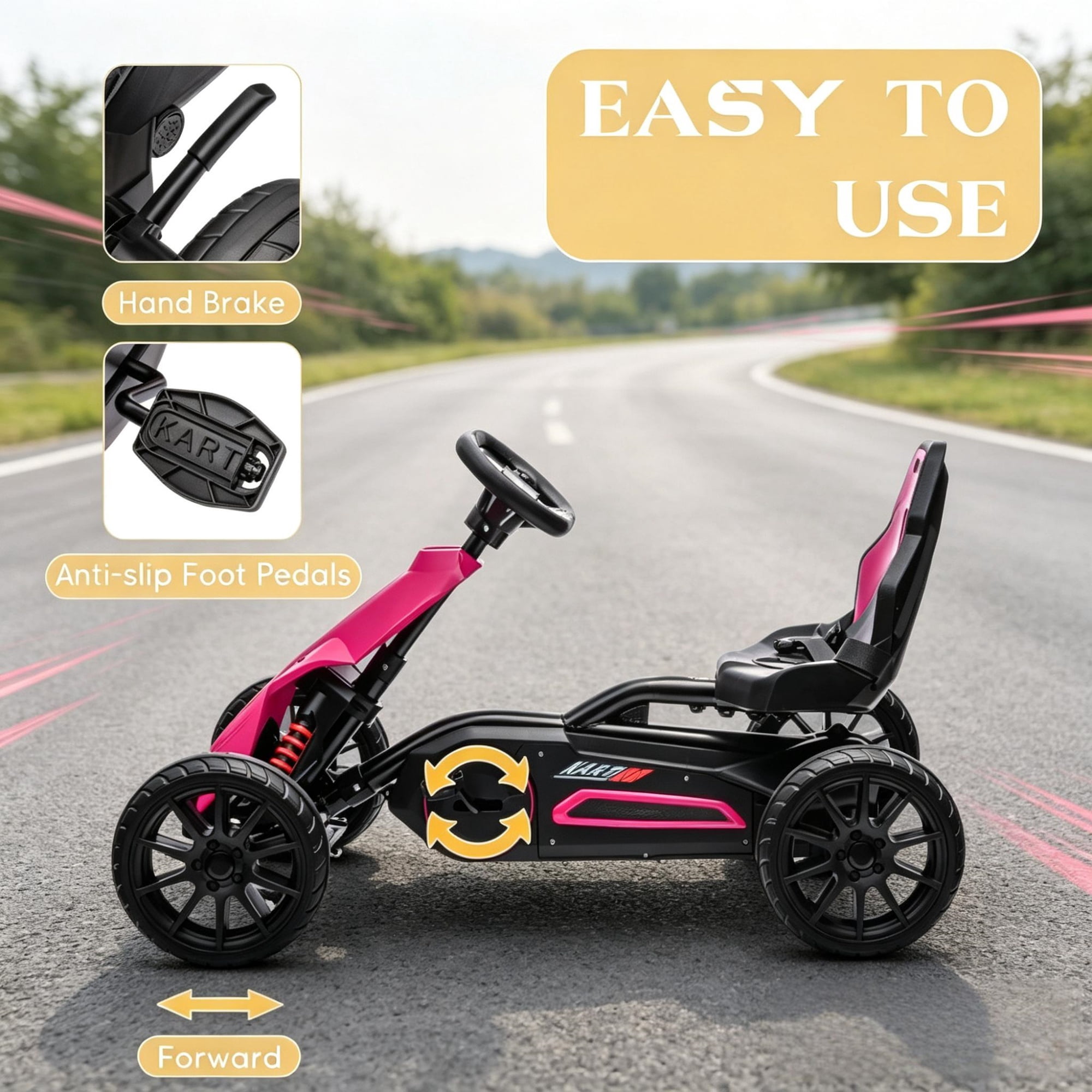 Kids Pedal Go Kart, Adjustable Seat, Durable Swing Axle, Safe Outdoor Ride-On Toy, Pink