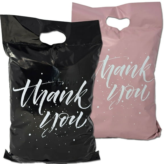 10x13 Black & Pink Thank You Poly Mailers with Handles - Merchandise Shopping Boutique Mailing Bags