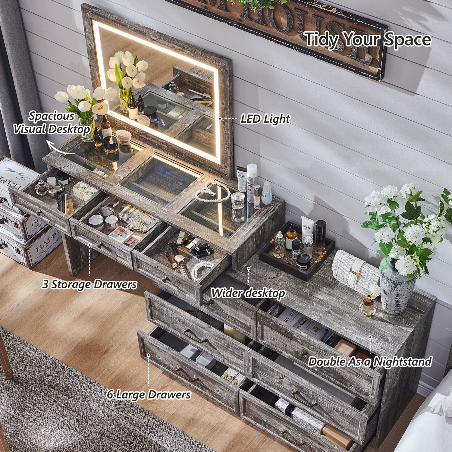 Farmhouse Vanity Desk with Glass Top, Corner Makeup Vanity Set with 30" HD Led Mirror and 3 Color Available Lights, 9 Storage Drawers, Wood Vanity Table for Bedroom