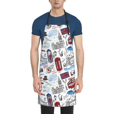 

Tebeau London Landmark2 Print Waterproof Cooking Aprons Adjustable Bib Soft Chef Apron with 2 Pockets for Men Women