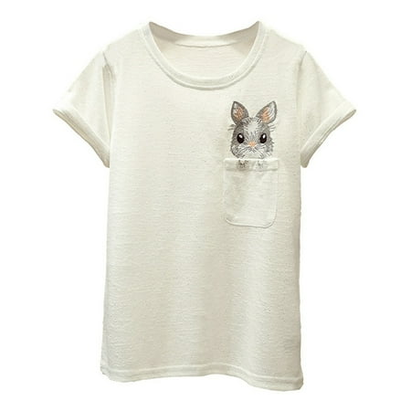 

Seyurigaoka Women Short Sleeve T-shirt Cartoon Rabbit Embroidered Undershirt