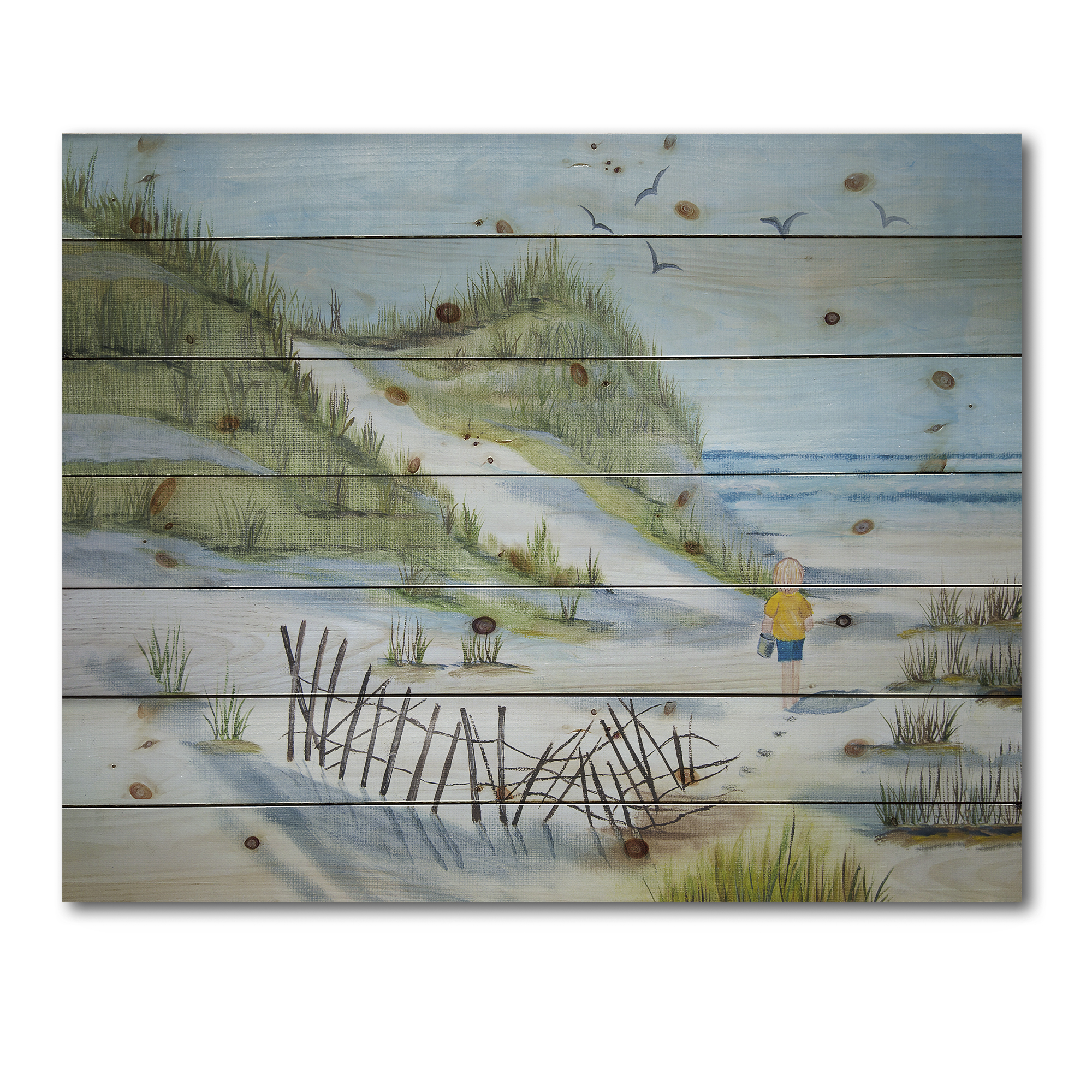 Designart 'Child Walking to The Beach' Nautical & Coastal Print on Natural Pine Wood