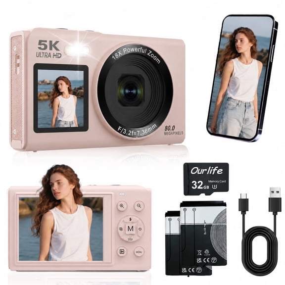 Ourlife Digital Camera, 5K 80MP, Dual Screens, 2 Batteries, Autofocus, 18X Digital Zoom, Wi-Fi, Beginners & Vlogging, 32GB Card, Pink