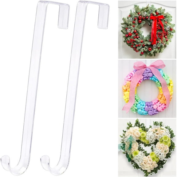 Clear Wreath-Hanger Non Scratch Over The Door Hooks,2 Pack Wreath-Door-Hanger Easter Halloween Christmas Decoration,Welcome Sign for Front Door Décor Inside Outside,Slim Hangers Organizer for Home