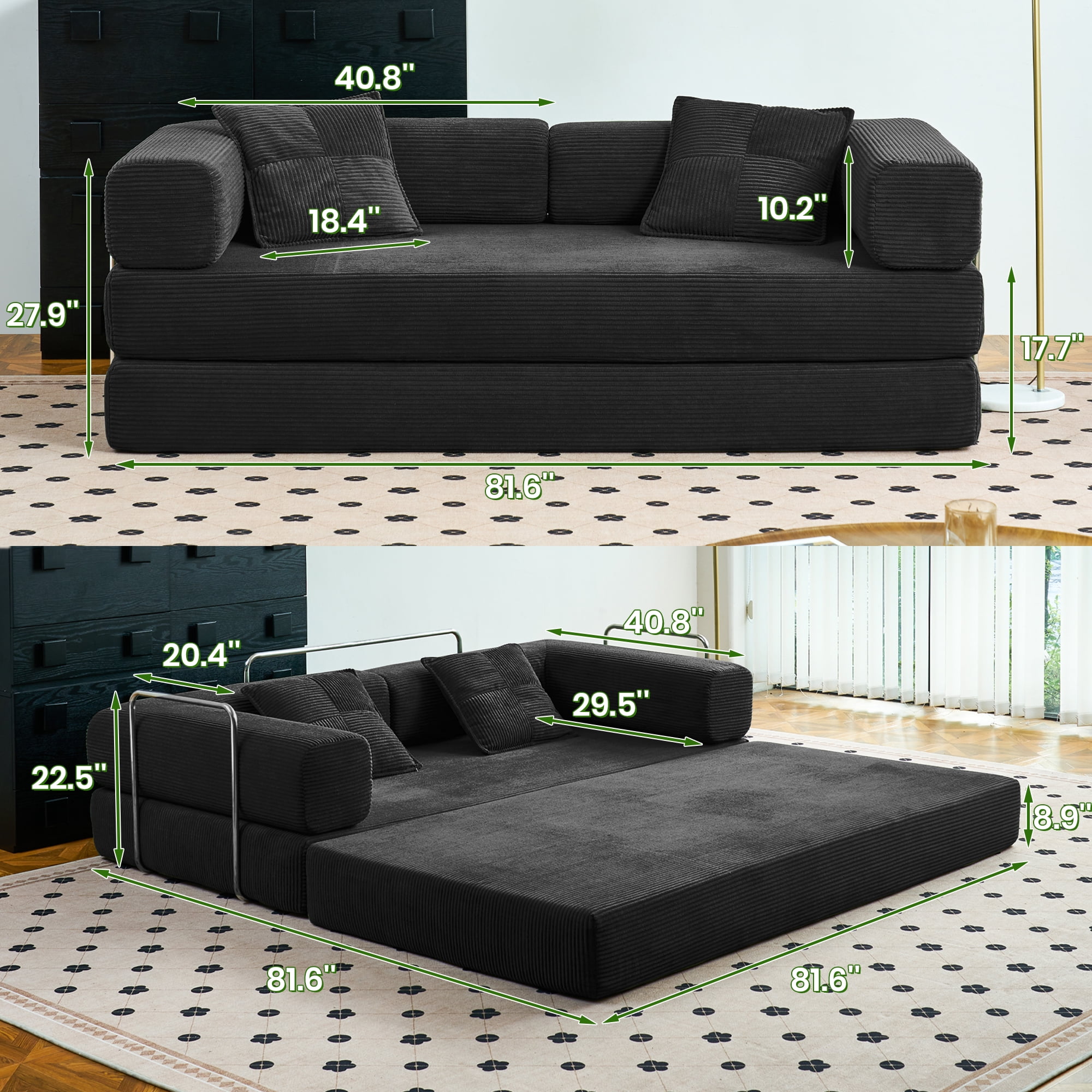 YINIX 81.6" Sleeper Sofa with Two Pillows, Comfy Modular Convertable Sofa Couch for Living Room, Small Spaces, Black