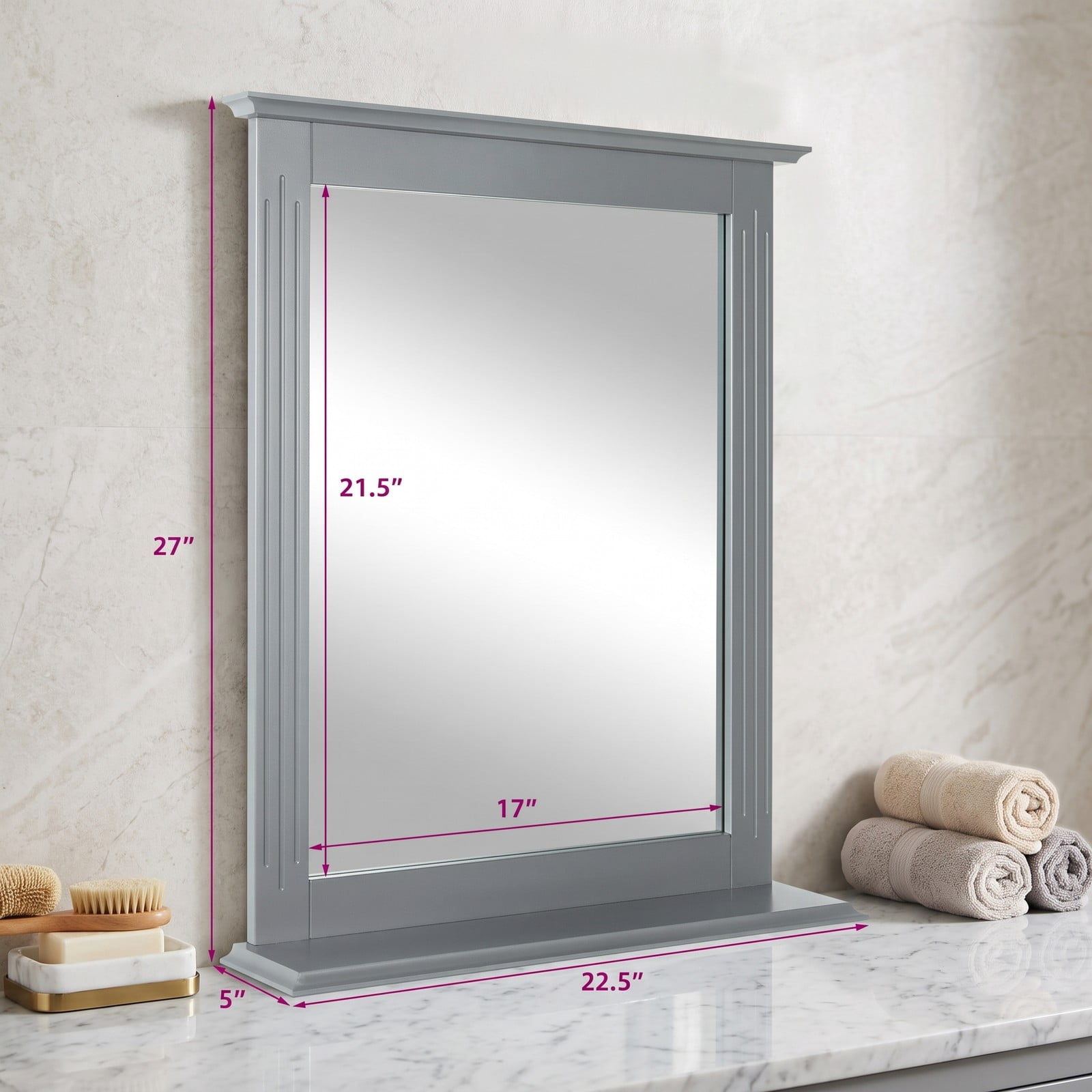 ALPULON Wall-Mounted Multipurpose Vanity Mirror with Shelf, MDF Framed Bathroom Wall Mirror with Storage Shelf for Entryway Bedroom Living Room Hotel, 22.5 x 27, Gray