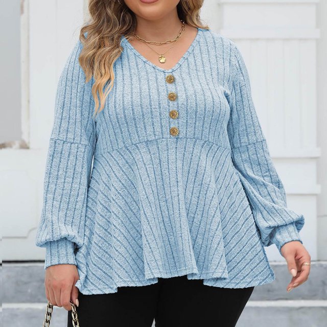 Suéter de cuello en V para mujer, informal, de color sólido, con cuello en V, de lana, con mangas abullonadas y botones decorativos, tops acrílicos para mujer
