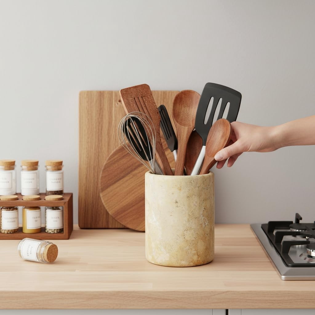 Radicaln Travertine Marble Utensil Holder 6.5" Beige Handmade Kitchen Utensil Organizer – Elegant Cooking Utensil Holder and Spoon Holder for Countertop, Durable Utensil Caddy & Modern Kitchen Décor