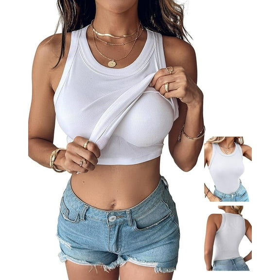 Women Built-in Bra Tank Tops Sleeveless Casual Shirts Racerback Ribbed Fitted Tank Tops
