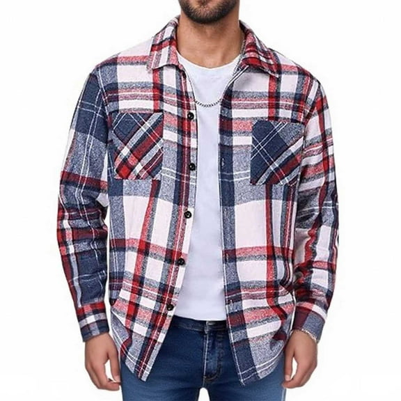 S-4X Plus Size Wool Shirts for Men with Pocket Big & Tall Long Sleeve Shackets Shirt Button-Down Collared Casual Plaid Printed Office Work Tops