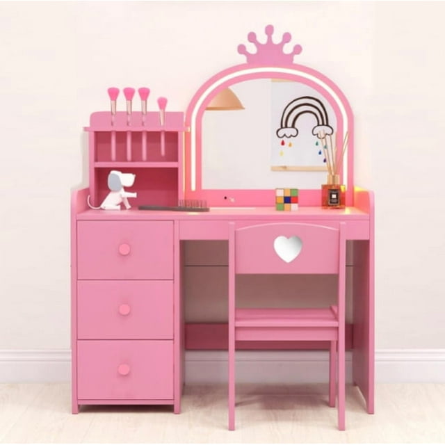 1Set Mdf (Spray Paint) Crown Children'S Dressing Table + Chair Touch Three-Color Light Strip